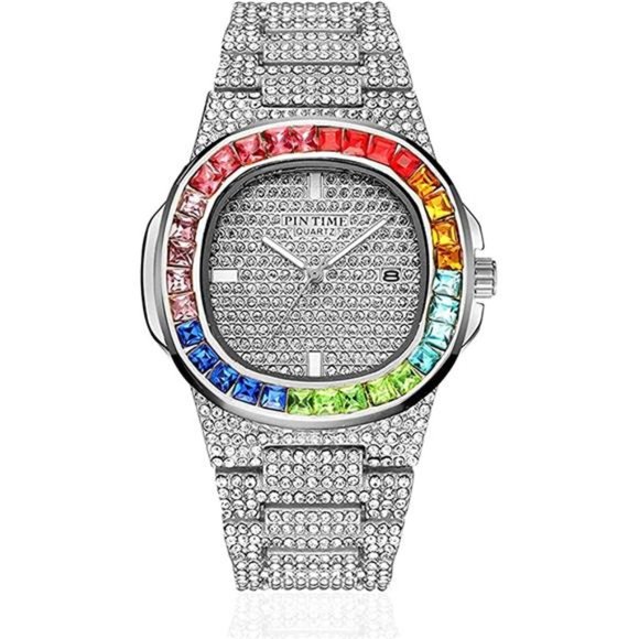 Luxury Bling-ed Out Colorful Diamond Watches Quartz Analog Stainless Steel Band - Picture 6 of 6